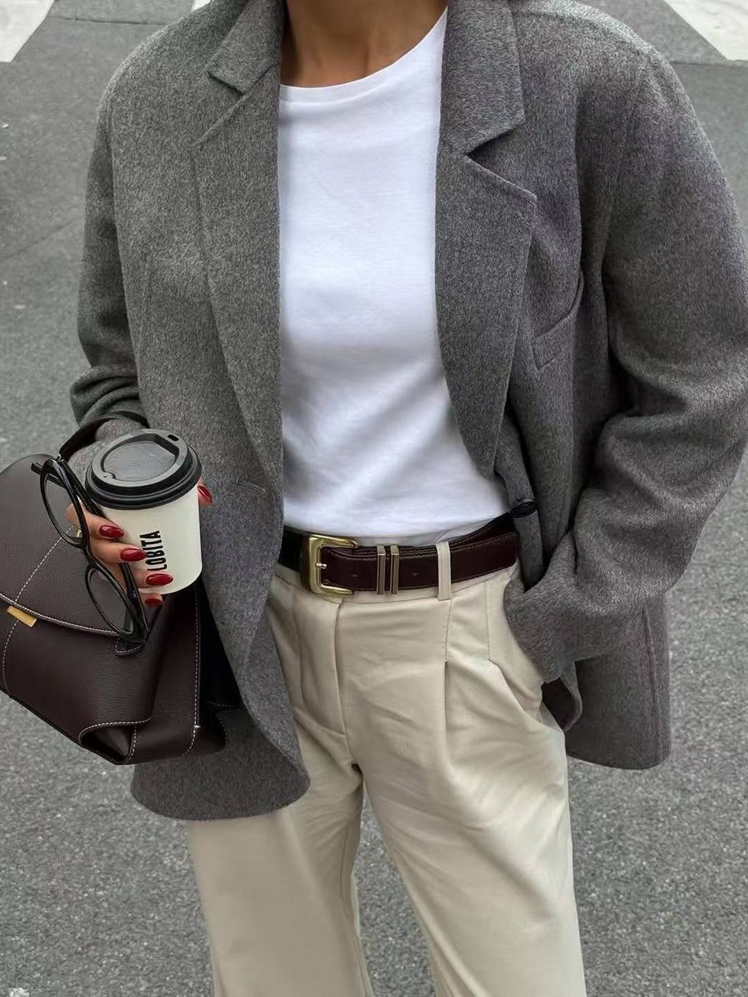 Cocolii veste blazer femme oversize manteau d'autommne aspect laine boutonnage manches longues décontracté