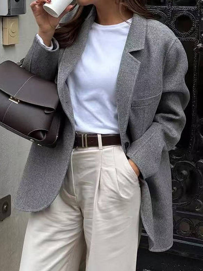 Cocolii veste blazer femme oversize manteau d'autommne aspect laine boutonnage manches longues décontracté