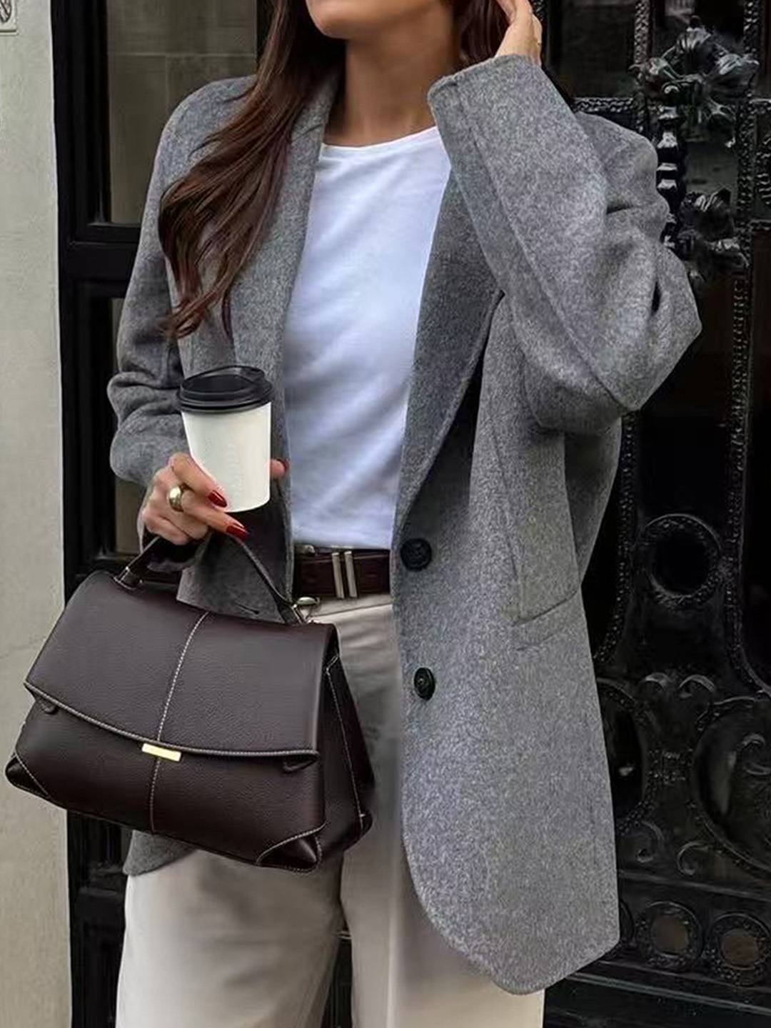 Cocolii veste blazer femme oversize manteau d'autommne aspect laine boutonnage manches longues décontracté