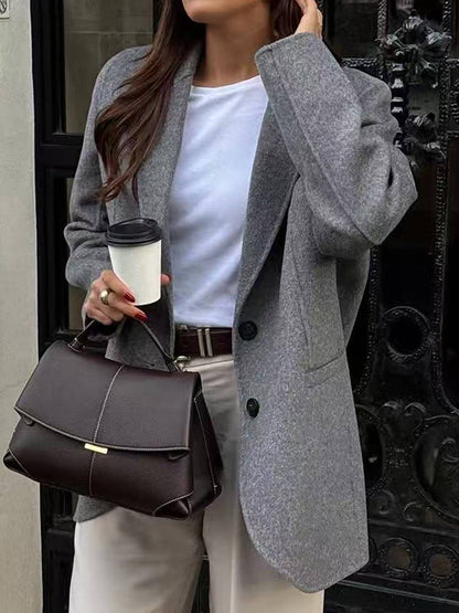 Cocolii veste blazer femme oversize manteau d'autommne aspect laine boutonnage manches longues décontracté