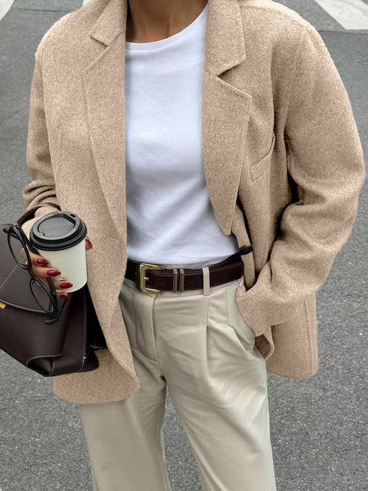 Cocolii veste blazer femme oversize manteau d'autommne aspect laine boutonnage manches longues décontracté