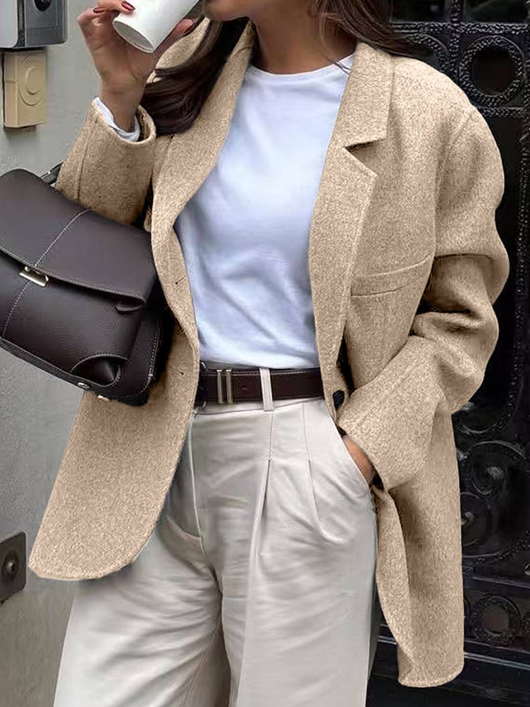 Cocolii veste blazer femme oversize manteau d'autommne aspect laine boutonnage manches longues décontracté