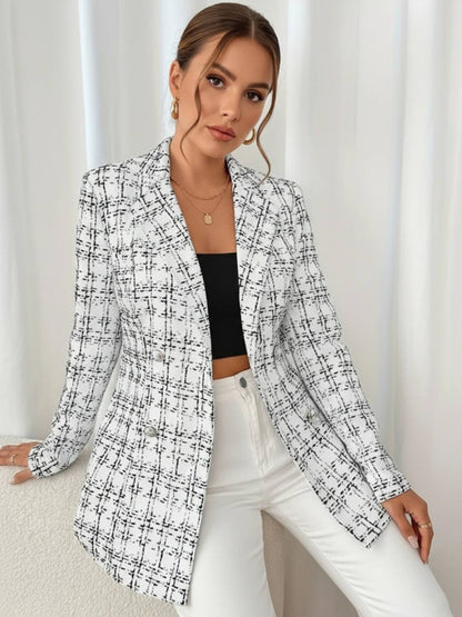 Cocolii blazer veste en tweed femme à carreaux double boutonnage col revers manches longues élégant pour bureau soirée