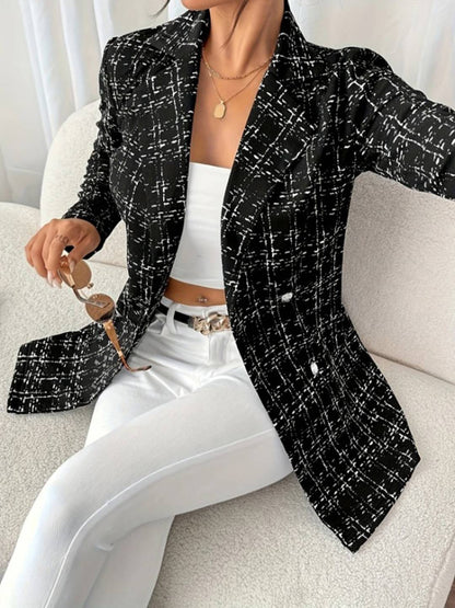 Cocolii blazer veste en tweed femme à carreaux double boutonnage col revers manches longues élégant pour bureau soirée