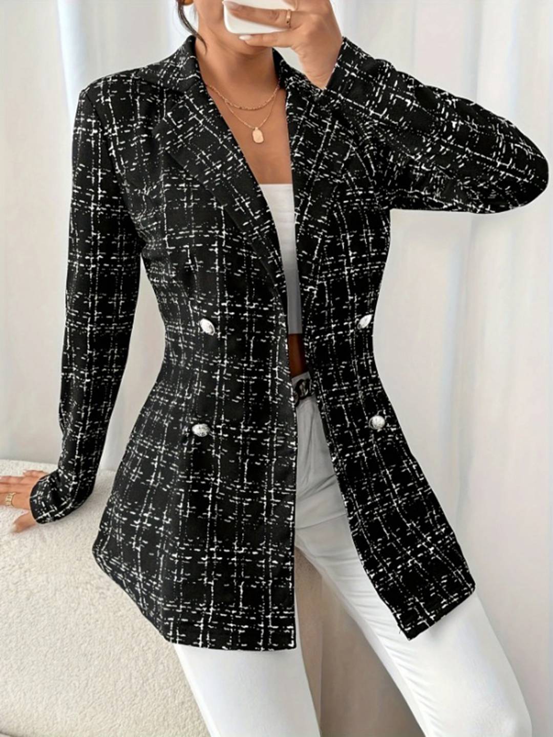Cocolii blazer veste en tweed femme à carreaux double boutonnage col revers manches longues élégant pour bureau soirée