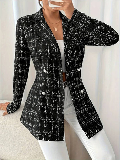 Cocolii blazer veste en tweed femme à carreaux double boutonnage col revers manches longues élégant pour bureau soirée