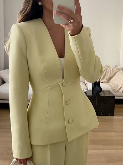 Cocolii blazer femme unicolore v-cou manches longues élégant vintage décontracté pour soirée veste de bureau