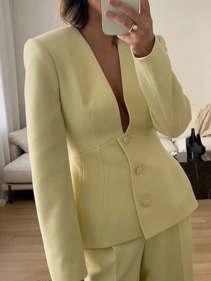 Cocolii blazer femme unicolore v-cou manches longues élégant vintage décontracté pour soirée veste de bureau