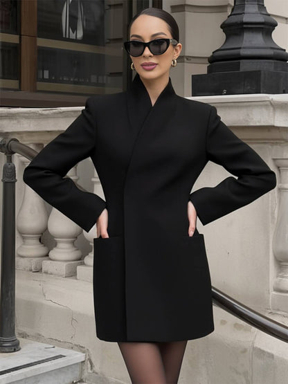 Cocolii blazer femme unicolore v-cou poches manches longues femme élégant vintage simple décontracté veste