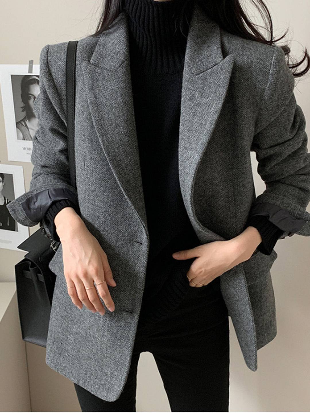 Cocolii blazer femme en laine chevrons poches col revers oversize chic décontracté manteau pour bureau automne