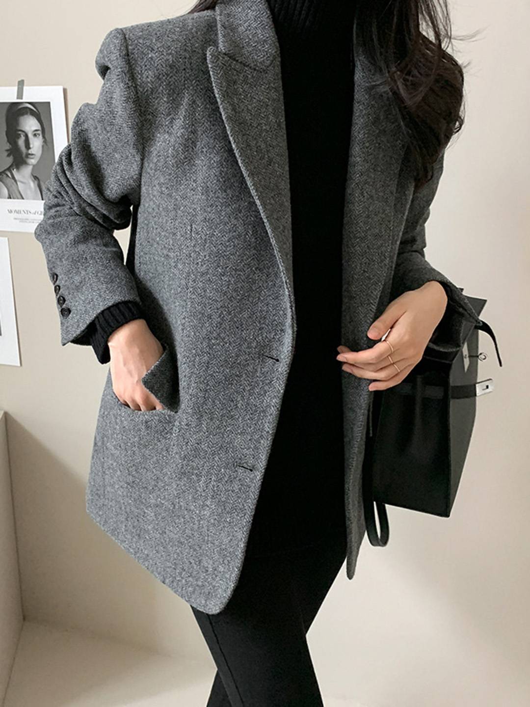 Cocolii blazer femme en laine chevrons poches col revers oversize chic décontracté manteau pour bureau automne