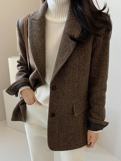 Cocolii blazer femme en laine chevrons poches col revers oversize chic décontracté manteau pour bureau automne