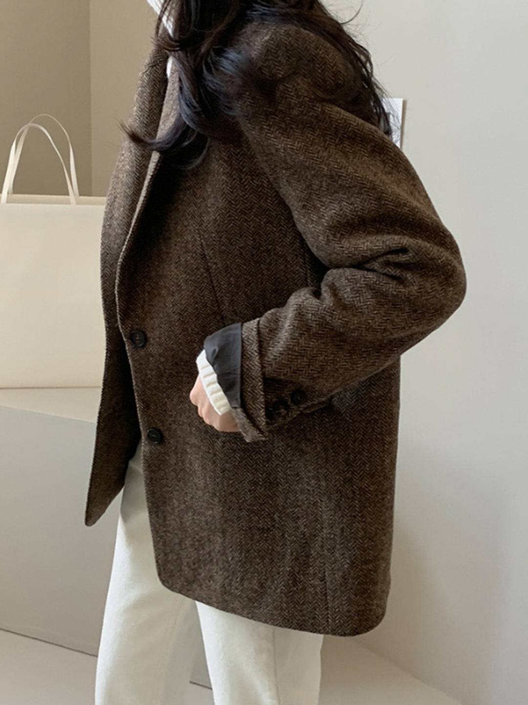 Cocolii blazer femme en laine chevrons poches col revers oversize chic décontracté manteau pour bureau automne