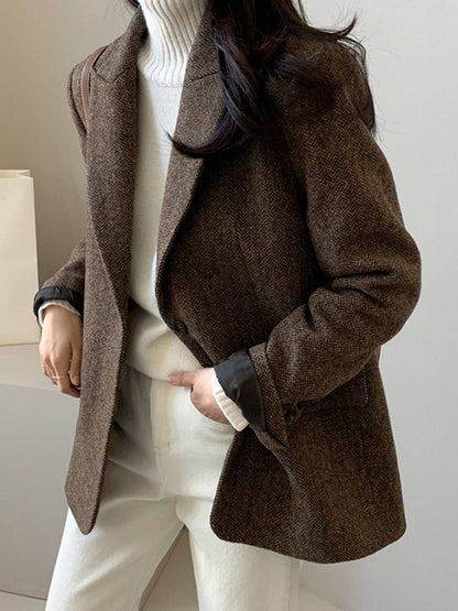 Cocolii blazer femme en laine chevrons poches col revers oversize chic décontracté manteau pour bureau automne