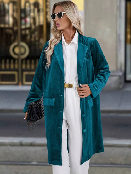 Cocolii mi-longue blazer en velours boutonnage poches col revers femme décontracté vintage pardessus de bureau