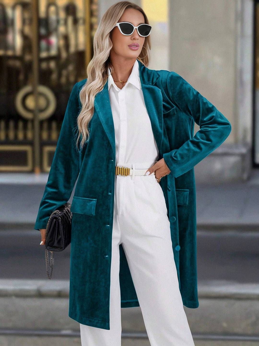 Cocolii mi-longue blazer en velours boutonnage poches col revers femme décontracté vintage pardessus de bureau