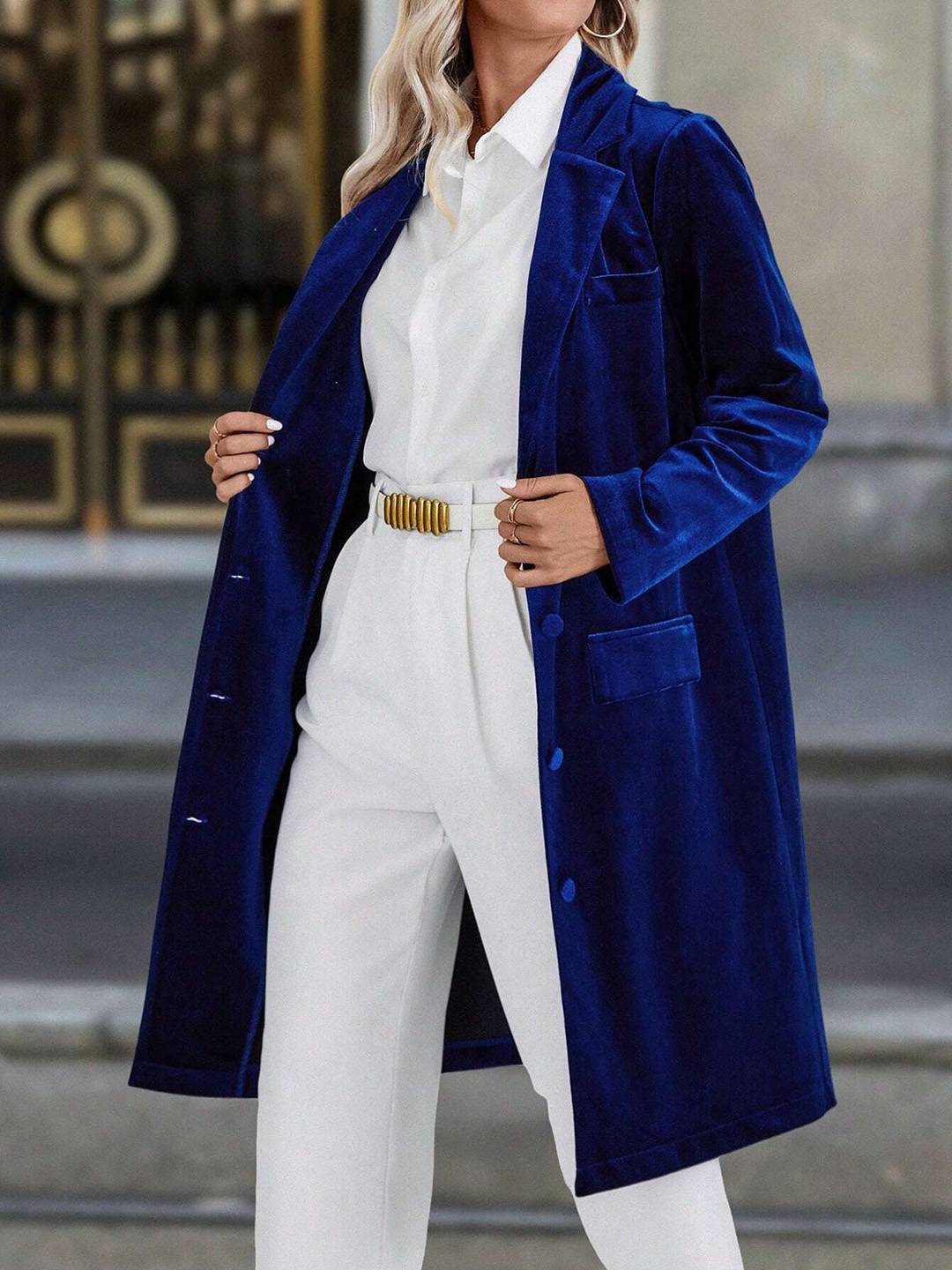 Cocolii mi-longue blazer en velours boutonnage poches col revers femme décontracté vintage pardessus de bureau