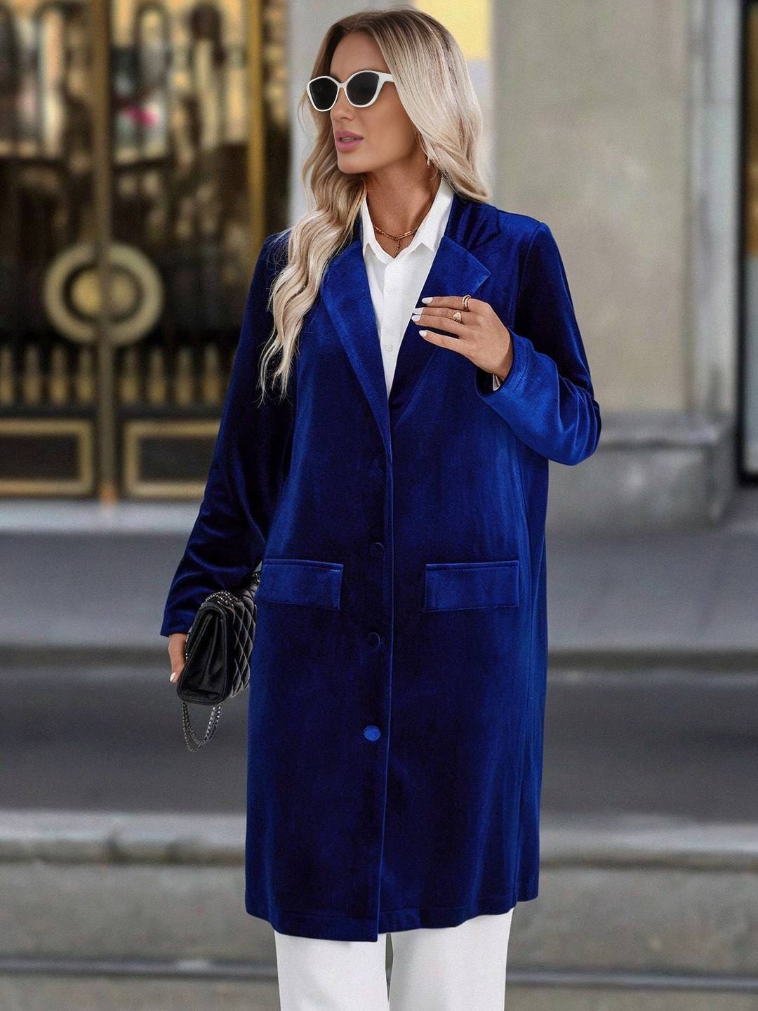 Cocolii mi-longue blazer en velours boutonnage poches col revers femme décontracté vintage pardessus de bureau