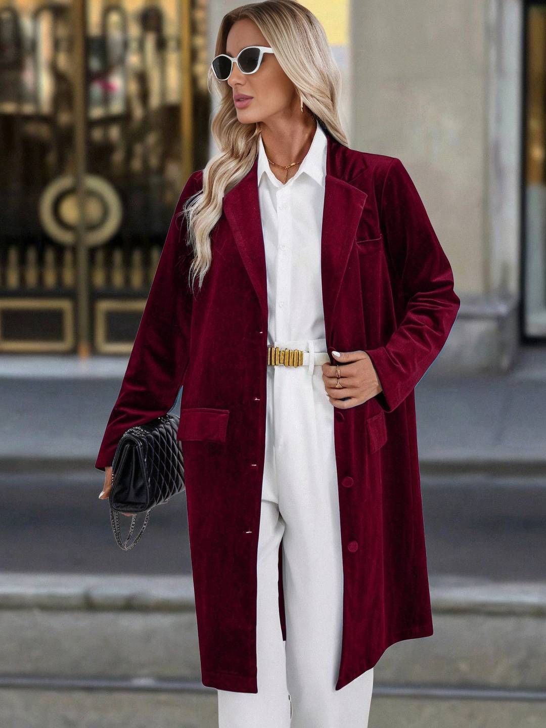 Cocolii mi-longue blazer en velours boutonnage poches col revers femme décontracté vintage pardessus de bureau