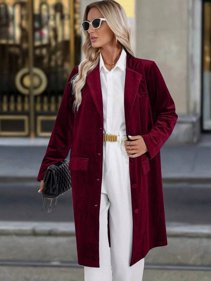 Cocolii mi-longue blazer en velours boutonnage poches col revers femme décontracté vintage pardessus de bureau