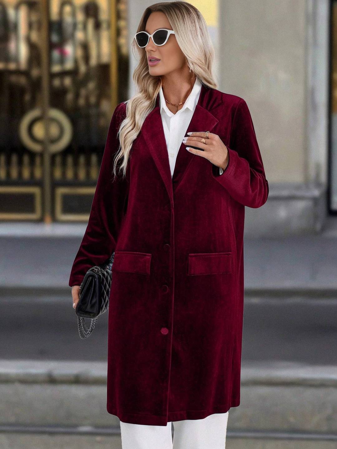 Cocolii mi-longue blazer en velours boutonnage poches col revers femme décontracté vintage pardessus de bureau