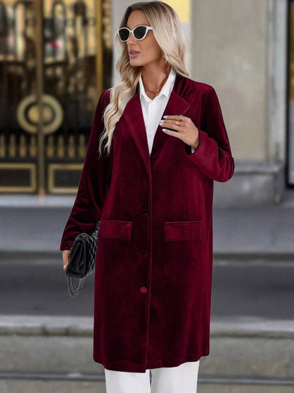 Cocolii mi-longue blazer en velours boutonnage poches col revers femme décontracté vintage pardessus de bureau