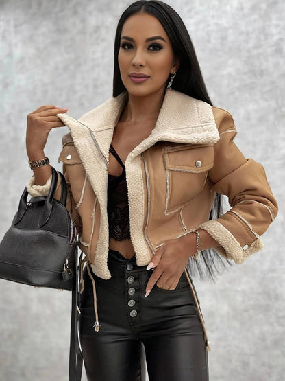 Cocolii court veste aviateur simili cuir peau de mouton polaire poches col revers manches longues femme bombardier