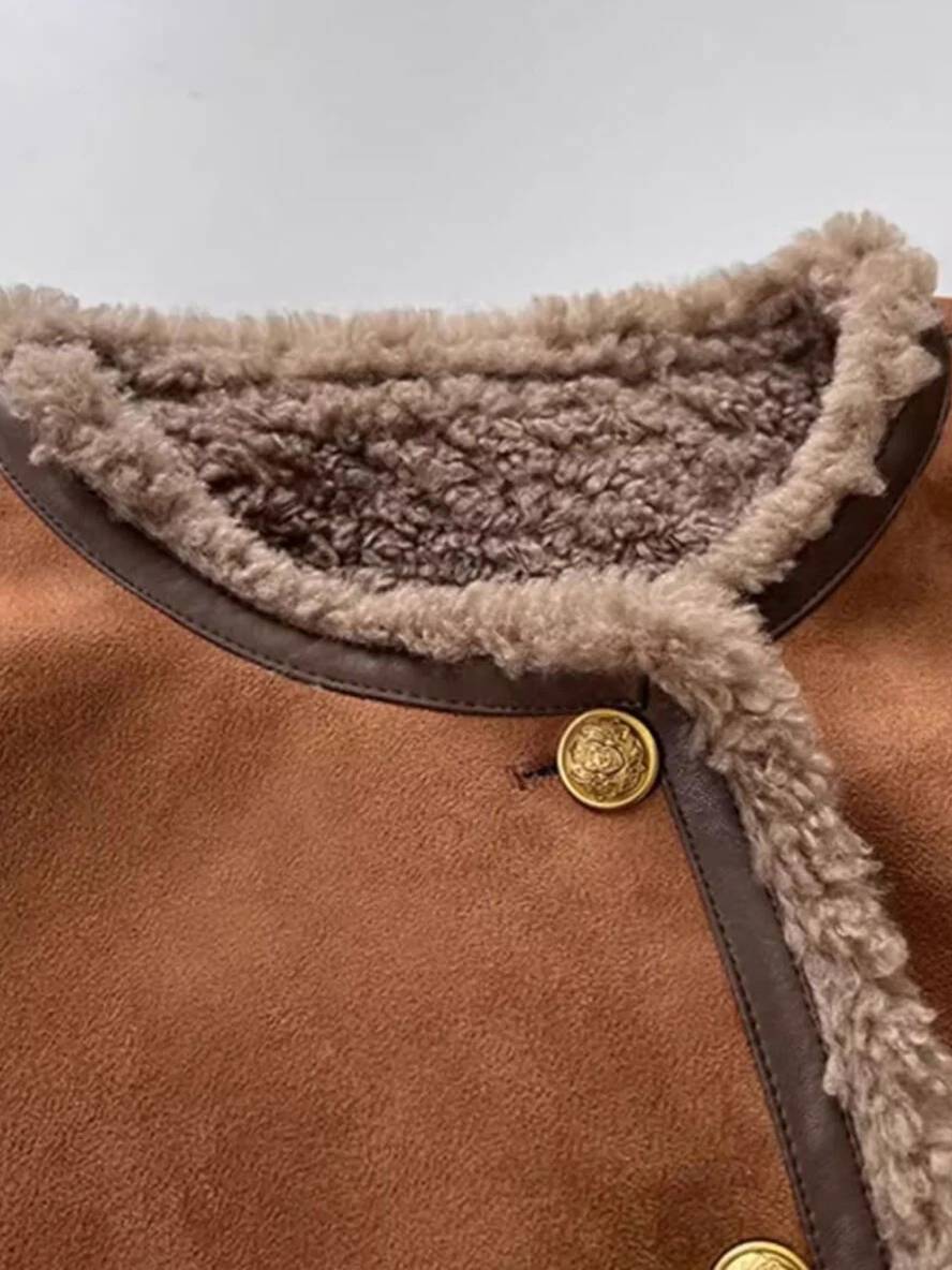 Cocolii veste femme suedine polaire boutonnage col rond manches longues femme mode décontracté hiver manteau