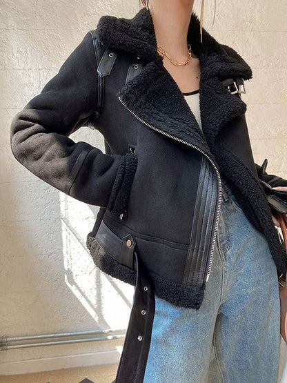 Cocolii manteau aviateur suedine fermeture éclair ceinture col revers femme veste style boyfriend