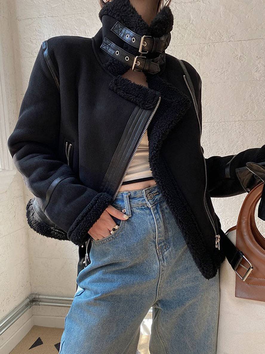 Cocolii manteau aviateur suedine fermeture éclair ceinture col revers femme veste style boyfriend