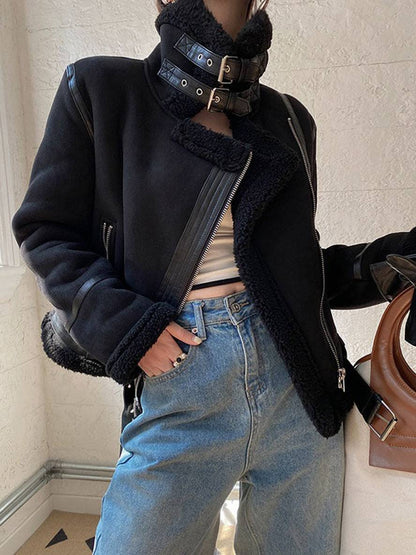 Cocolii manteau aviateur suedine fermeture éclair ceinture col revers femme veste style boyfriend