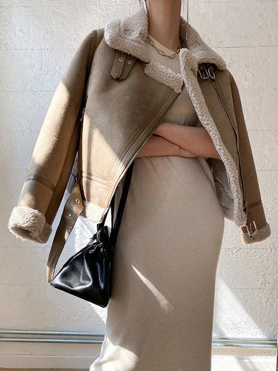 Cocolii manteau aviateur suedine fermeture éclair ceinture col revers femme veste style boyfriend