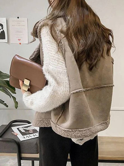 Cocolii gilet sans manches veste aviateur suedine double boutonnage poches col revers femme casual blouson