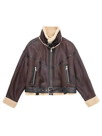 Cocolii court perfecto manteau aviateur suedine polaire ceinture poches col revers femme oversized veste