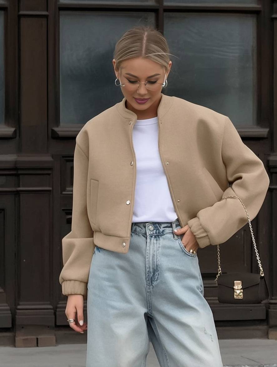 Cocolii court veste unicolore boutonnage poches col montant manches longues femme élégant décontracté manetau