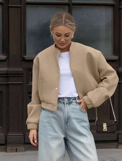 Cocolii court veste unicolore boutonnage poches col montant manches longues femme élégant décontracté manetau