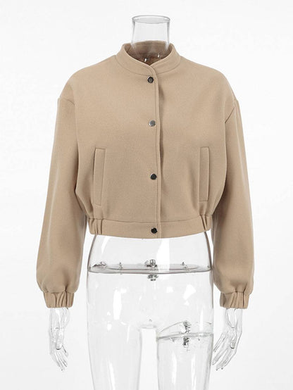 Cocolii court veste unicolore boutonnage poches col montant manches longues femme élégant décontracté manetau