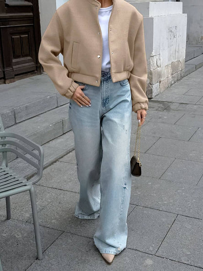 Cocolii court veste unicolore boutonnage poches col montant manches longues femme élégant décontracté manetau