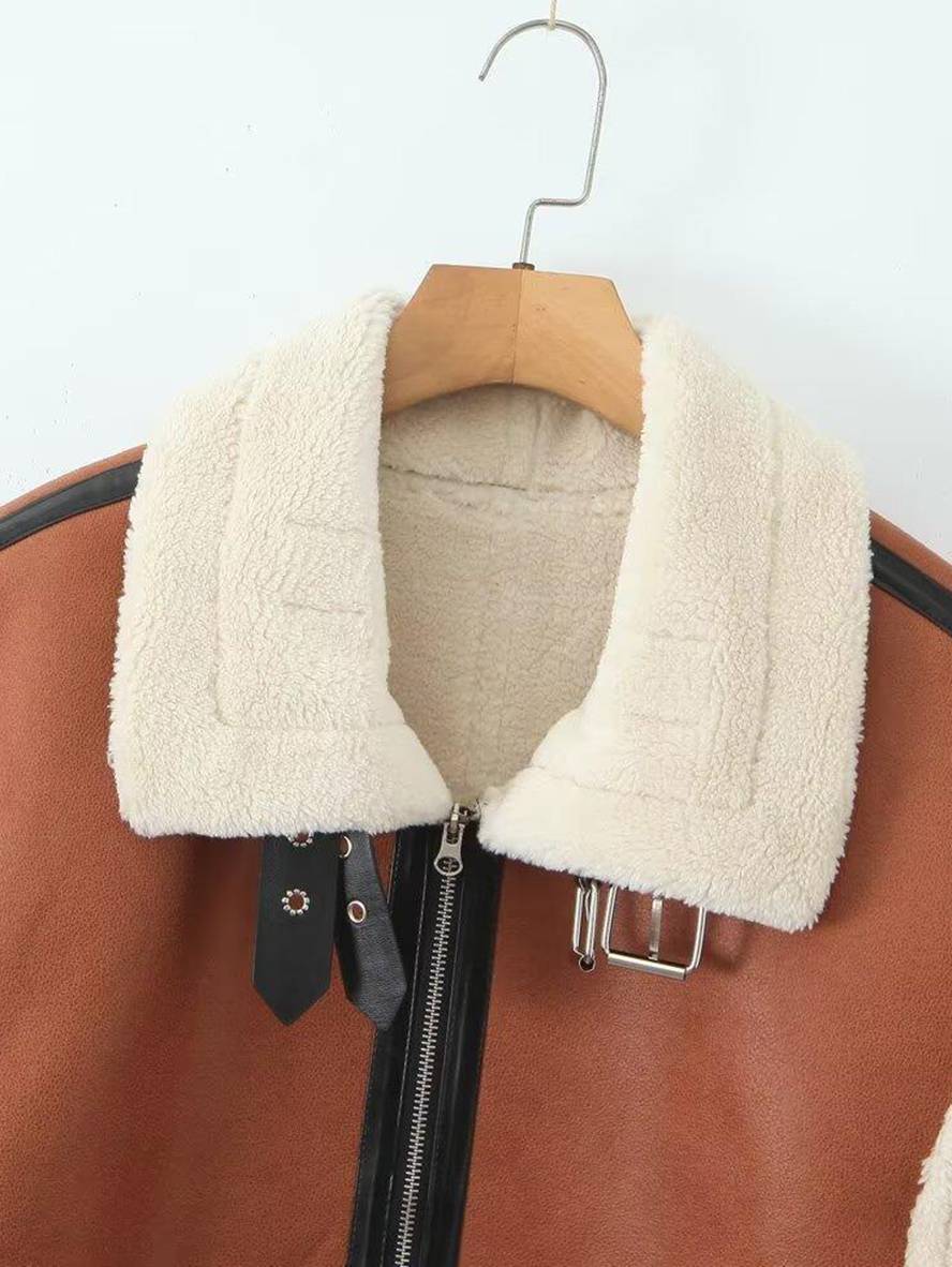 Cocolii manteau aviateur suedine molleton poches chunky buckle col revers sans manches femme décontracté hiver gilet