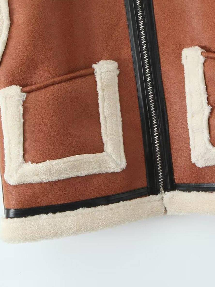 Cocolii manteau aviateur suedine molleton poches chunky buckle col revers sans manches femme décontracté hiver gilet