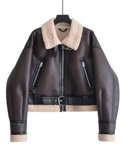 Cocolii court manteau aviateur ceinture chunky buckle col revers poches manches longues femme vintage décontracté veste