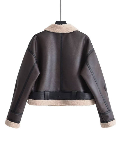 Cocolii court manteau aviateur ceinture chunky buckle col revers poches manches longues femme vintage décontracté veste