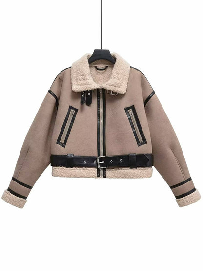 Cocolii court manteau aviateur ceinture chunky buckle col revers poches manches longues femme vintage décontracté veste