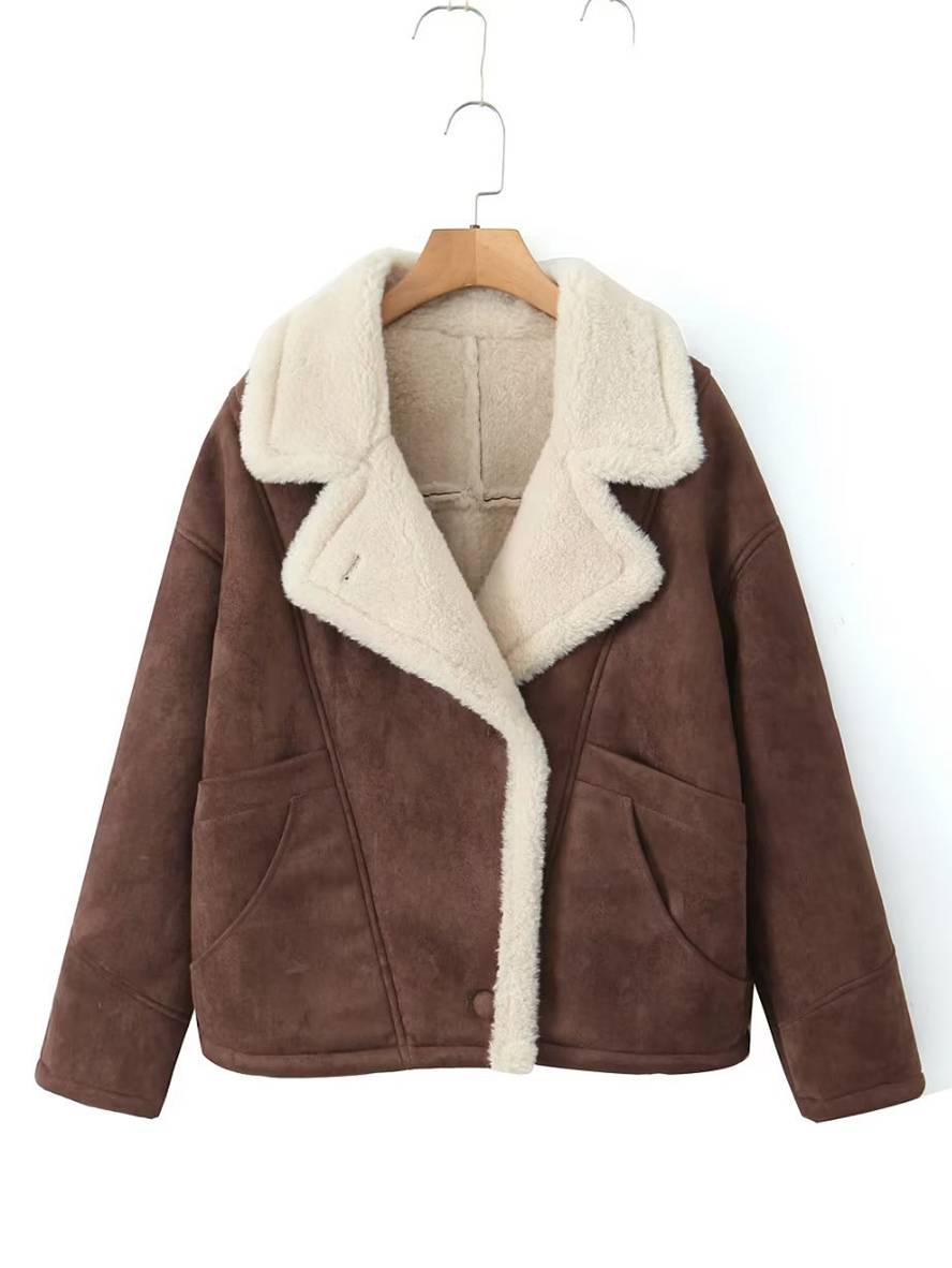 Cocolii manteau aviateur suedine boutons poches col revers manches longues femme vintage décontracté ample hiver veste