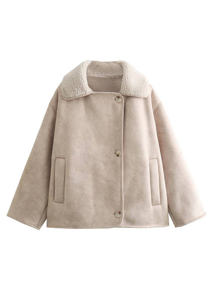 Cocolii manteau aviateur en suedine boutonnage poches col revers manches longues femme décontracté oversized veste