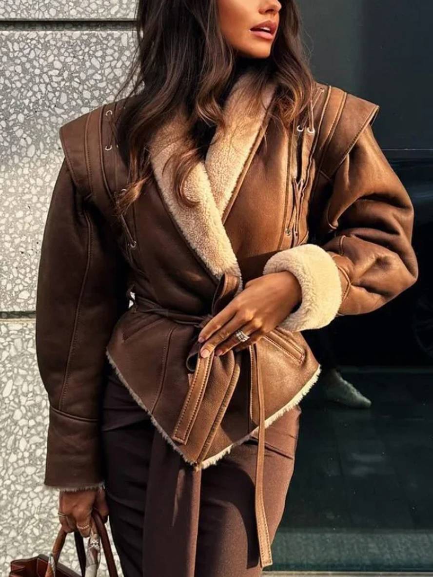 Cocolii veste aviateur suedine avec polaire ceinture v-cou manches longues femme vintage décontracté manteau