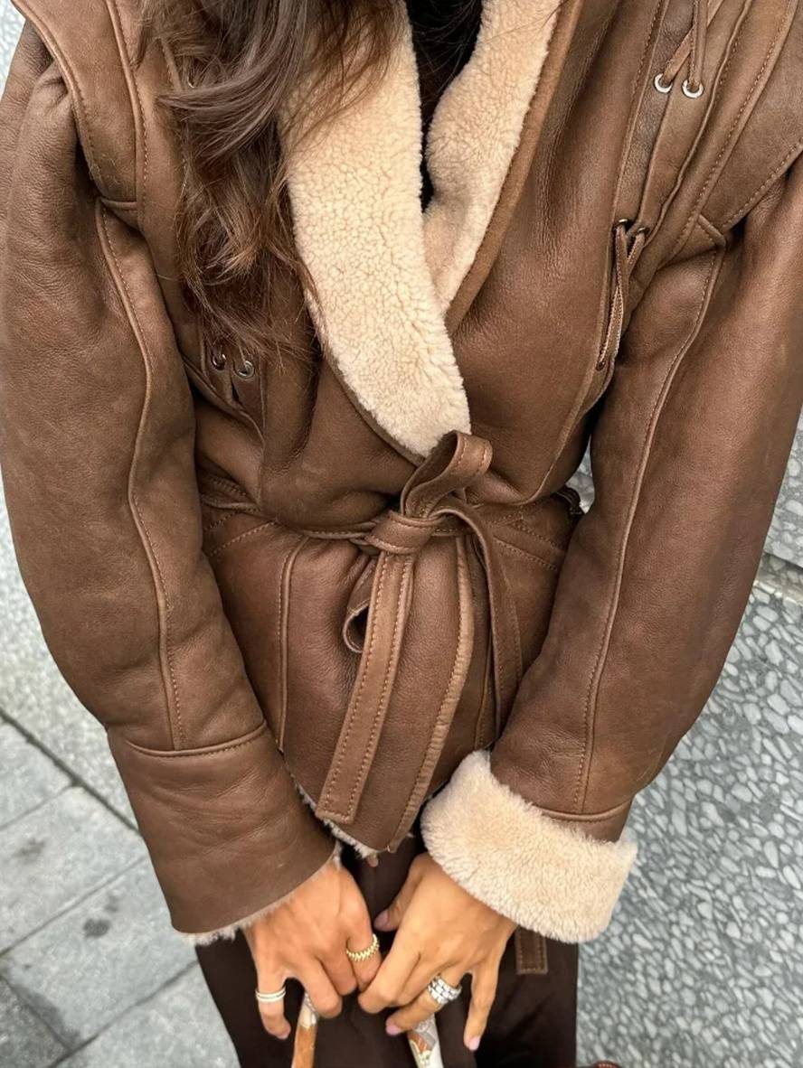 Cocolii veste aviateur suedine avec polaire ceinture v-cou manches longues femme vintage décontracté manteau