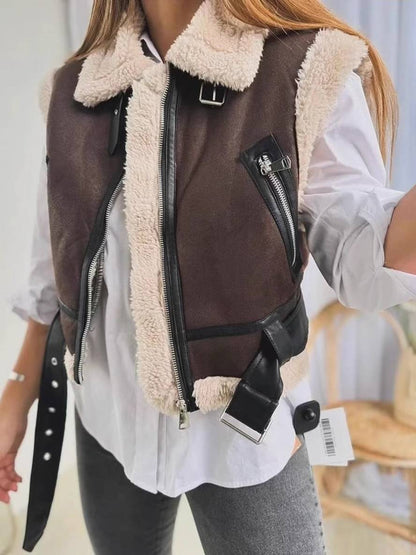 Cocolii veste aviateur sans manches poches ceinture col revers col montant femme casual décontracté gilet d'hiver chaud