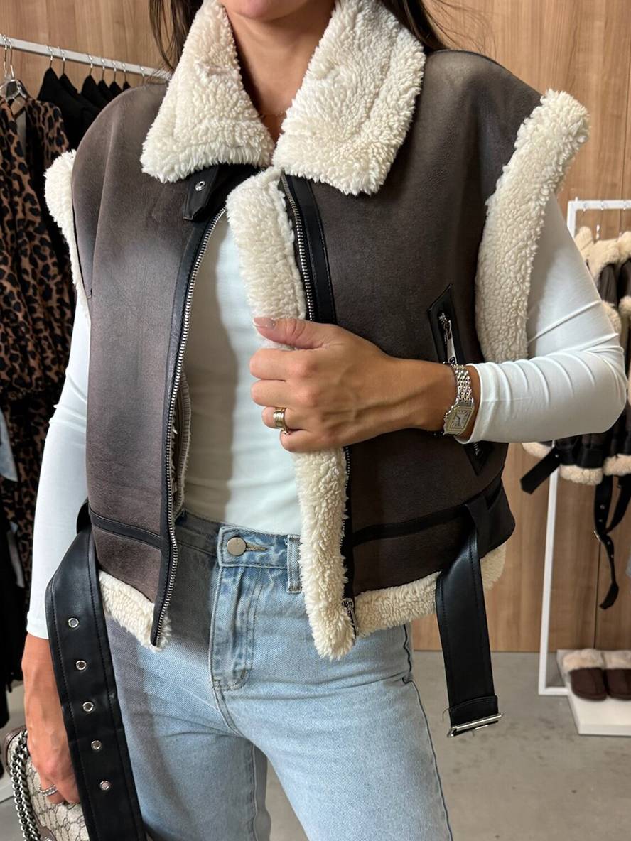 Cocolii court veste aviateur en daim molleton sans manches fermeture éclair poches ceinture femme décontracté gilet suedine