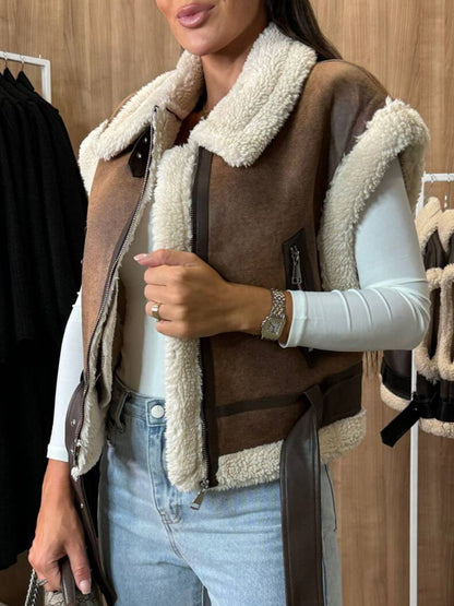 Cocolii court veste aviateur en daim molleton sans manches fermeture éclair poches ceinture femme décontracté gilet suedine